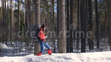 雪徒步旅行者在冬天的森林里徒步旅行。 旅行，徒步旅行，极限运动的概念..